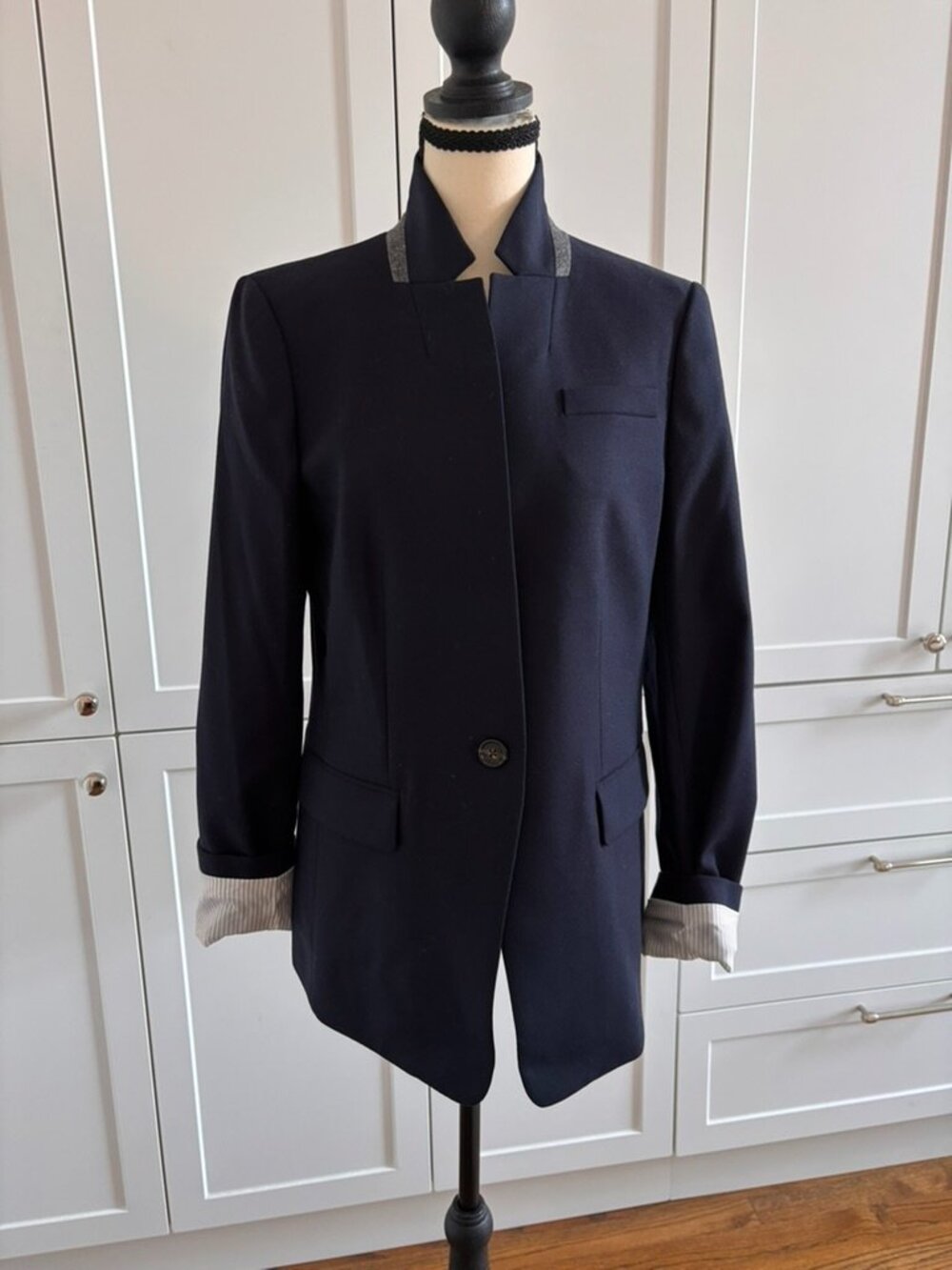 J.Crew Regent Navy Wool Blazer | Size 8 Tall | 98% Wool | Gray Collar | Pinstrip